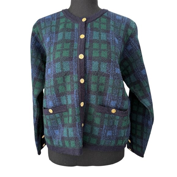 VINTAGE 80s Talbots Tartan Plaid Blue Green Cardigan Sweater Medium - Picture 1 of 12